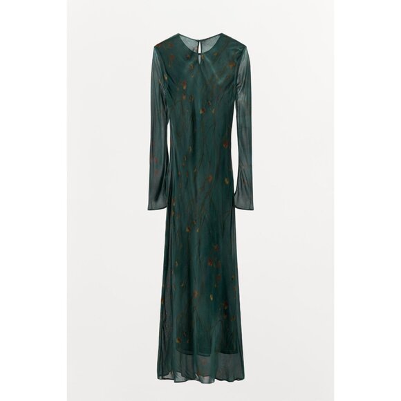 NWT ZARA Womens Size Medium Dark Green Printed Long Sleeve Maxi Dress NEW - Picture 1 of 7